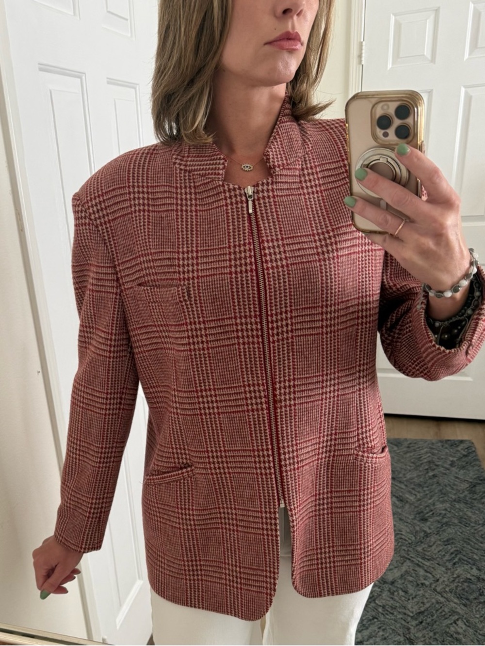 Vintage Stylish by Et Vous Red Glen Plaid Wool Blend Zip Blazer Jacket L